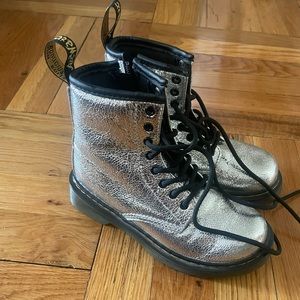 Dr Martens Crinkle Metallic Lace Up Boots Silver Kids